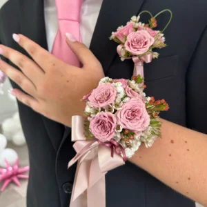 Corsage and Boutonniere (Set). Pink & White.
