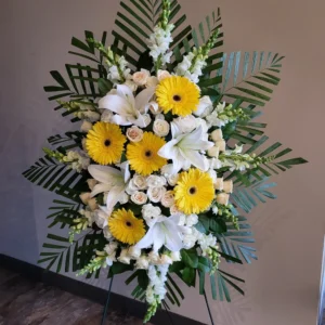 Deepest Sympathies White and Yellow Standing Spray