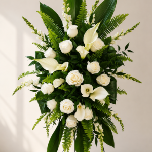 funeral spray. white calla lily.