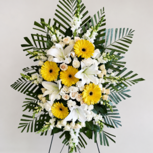 deepest sympathies white and yellow standing spray